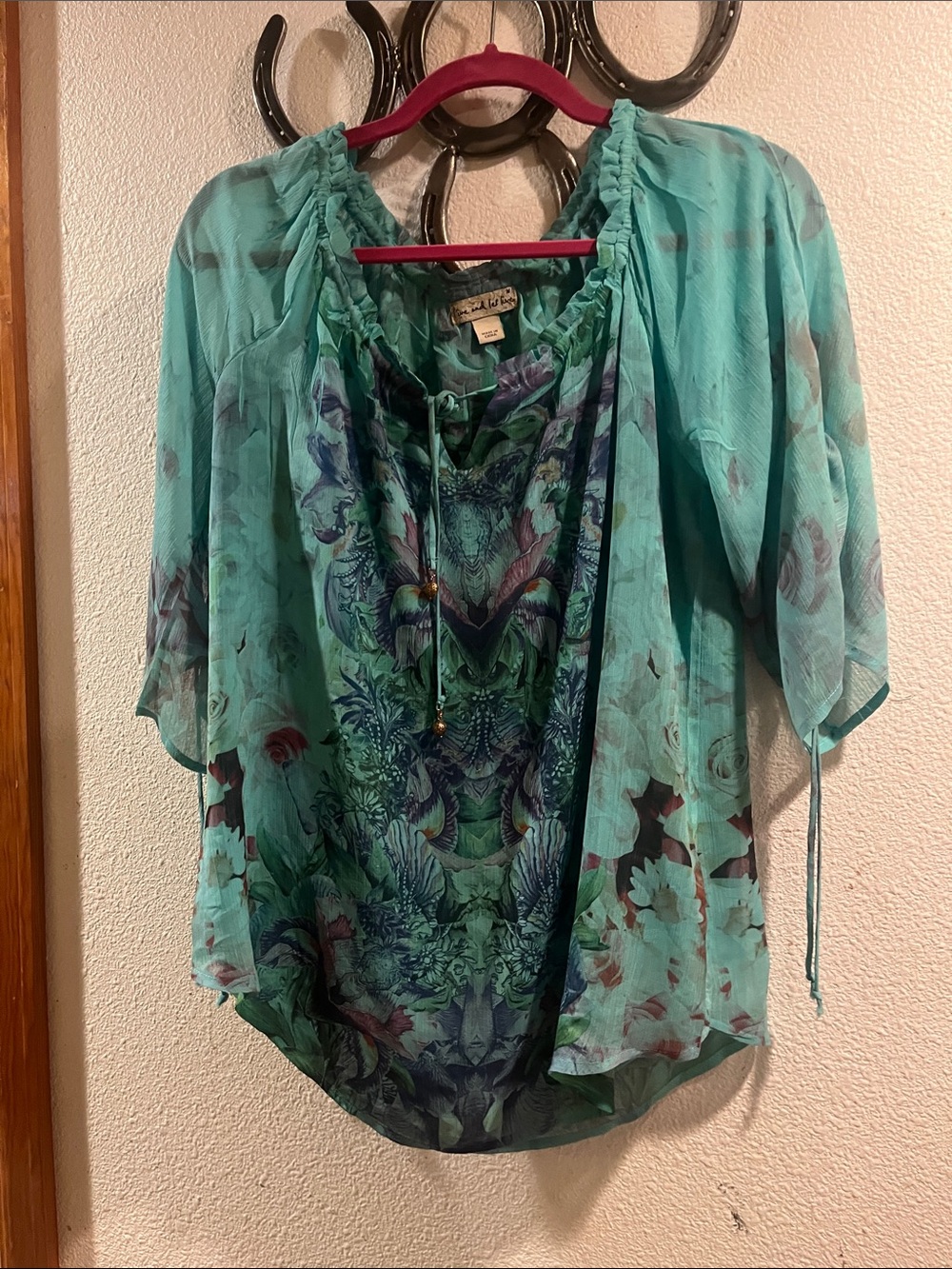 live and let live Teal Floral Sheer Boho Peasant Tunic